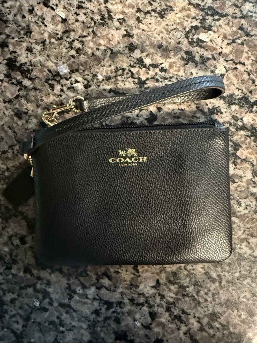 Coach Black Pebbled Leather Wristlet with Gold Logo